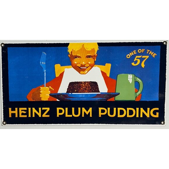 Vintage Heinz 57 Plum Pudding Heavy Enamel Porcelain Sign 14” x 8.5” - Picture 1 of 6